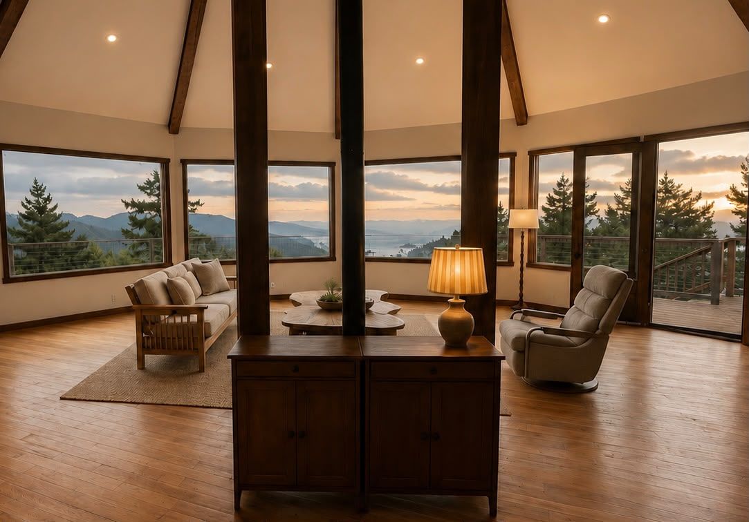 Seaview great room with ocean and forest views